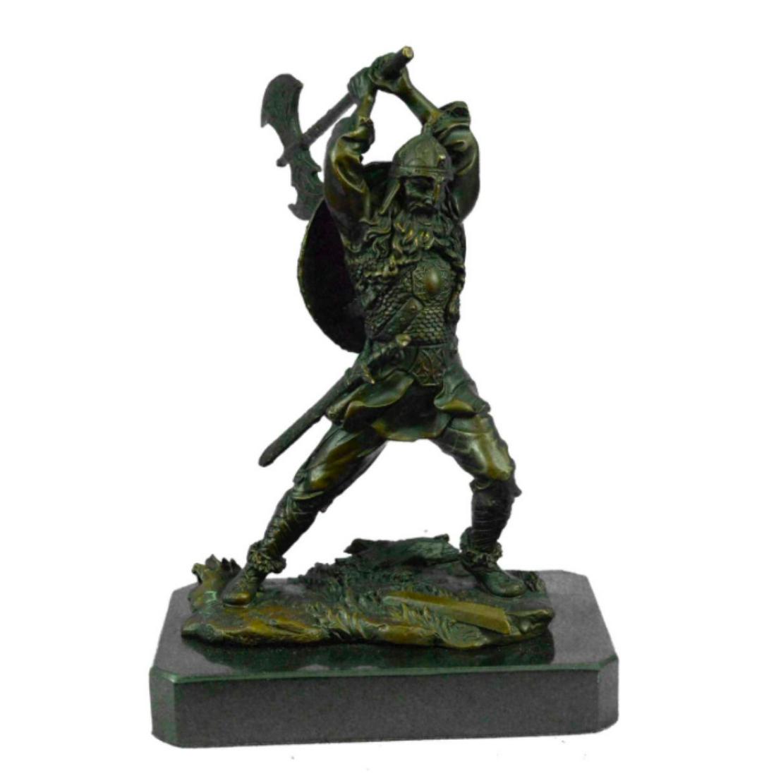 Nordic Viking Warrior Bronze Sculpture: Nordic Viking Warrior in Battle sculpture. Lost wax casting method bronze, with brown patina, mounted on marble base.