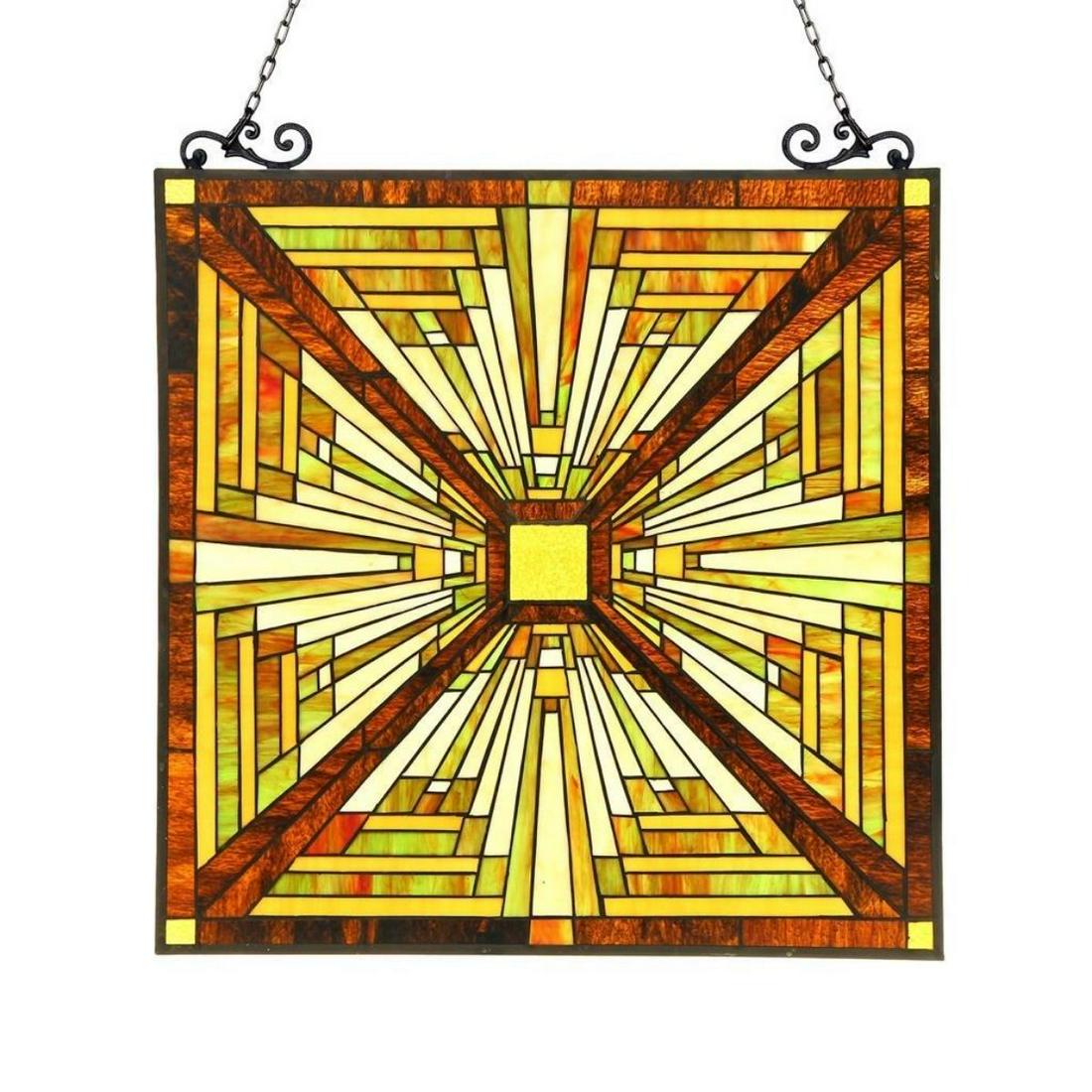 Tiffany Style Mission Stained Glass Hanging Window: Tiffany-style Mission stained art glass window panel. Handcrafted using 265 pieces of stained cut art glass, in brown, green & amber, wrapped in copper foil, with an antique dark bronze finish. Square