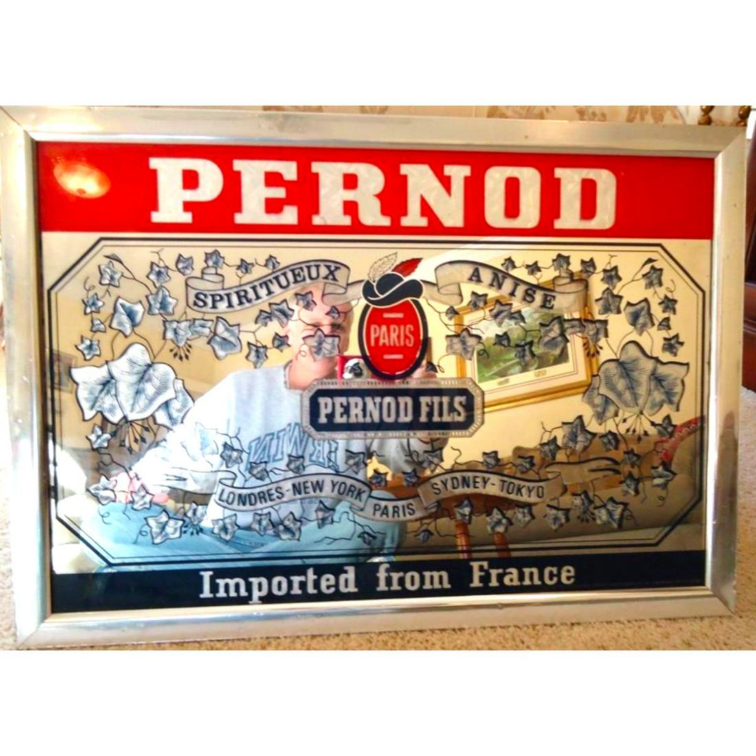 Vintage French Bistro, Pub Bar Mirror, Absinthe: Vintage, 1981, mirrored glass, French bistro, pub bar sign, an advertisement for Pernod Fils, Paris, Imported from France, absinthe. In chrome style frame. 16 1/2" X 23 1/2".