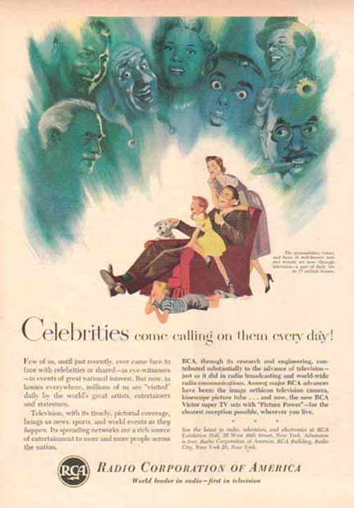 1942 RCA Television Advertisement, Saturday Evening: Original 1942 RCA advertisement from a Saturday Evening Post magazine of the day. The slogan reads, " Celebrities come calling on them every day!" Features a family seated around the father's chair li