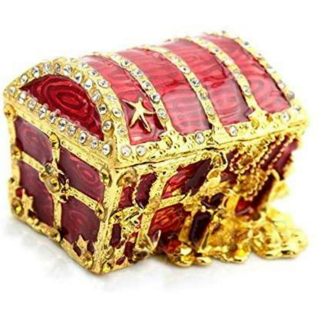 Pirate's Treasure Chest Trinket Jewel Box: Pirate's treasure chest trinket, jewel box. Enamel & gilt over pewter, with embedded Austrian crystals. The top of the chest lifts up on a hinge, with magnetic closure, to reveal an enameled interior