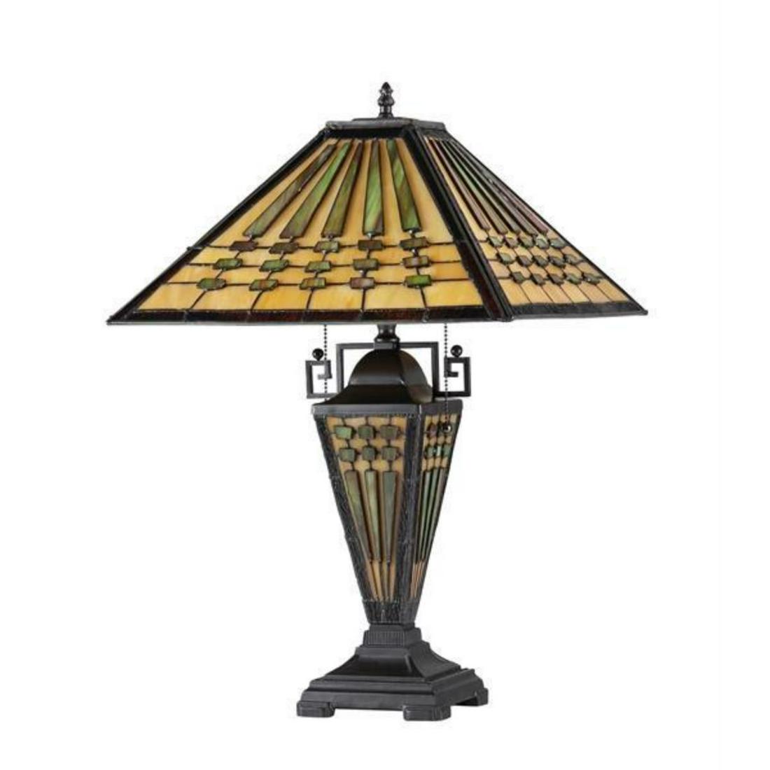 Tiffany Mission Style Double Lit Stained Art Glass: Tiffany Mission-style, double- lit stained art glass 3-light library lamp, created using 328 pieces of stained art glass wrapped in copper foil, with dark antique bronze style finish. 24" H X 16" W X