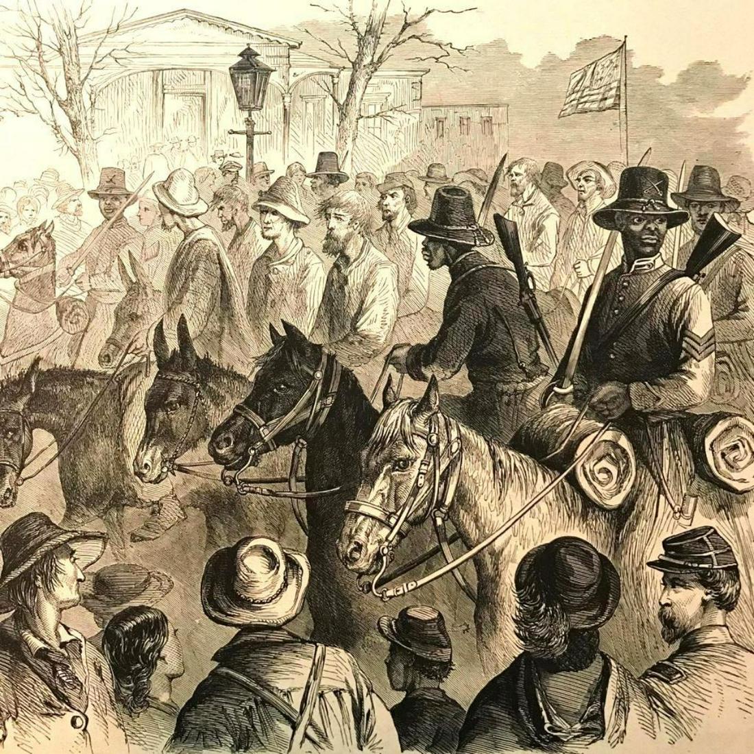 19thc Civil War Engraving, African American History,: Civil War era wood engraving, " The First Mississippi Negro Cavalry Bringing Into Vicksburg Confederate Prisoners Captured At Haine's Bluff." From a sketch by F. B. Schell. 9 1/2" X 9 1/2". From "The 