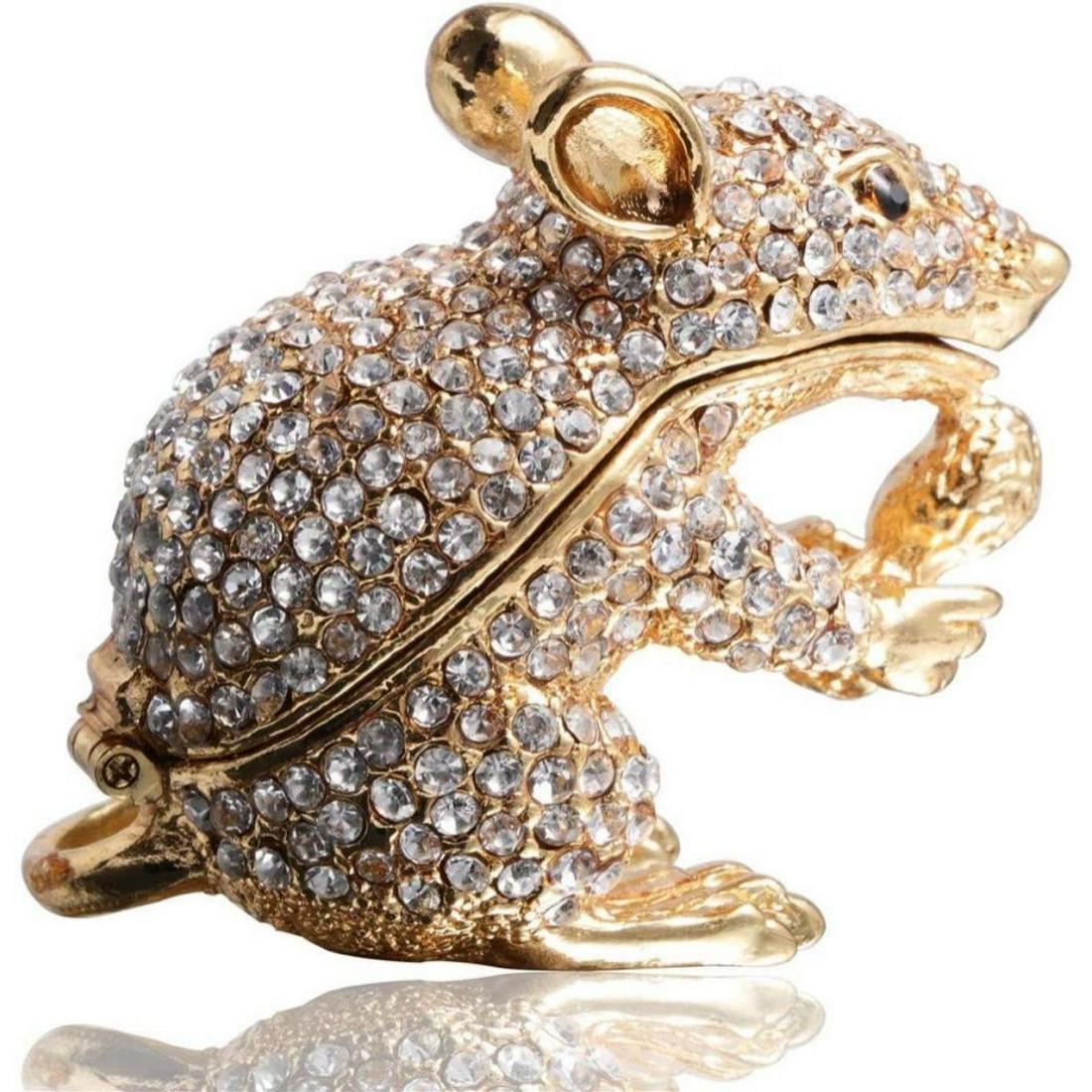 Crystal Mouse Trinket Jewel Box: Little Mouse trinket, jewel box. Gilt over pewter with embedded Austrian crystals. The top of the mouse lifts up, on a hinge, with snap closure, to reveal an enameled interior for storing trinkets or
