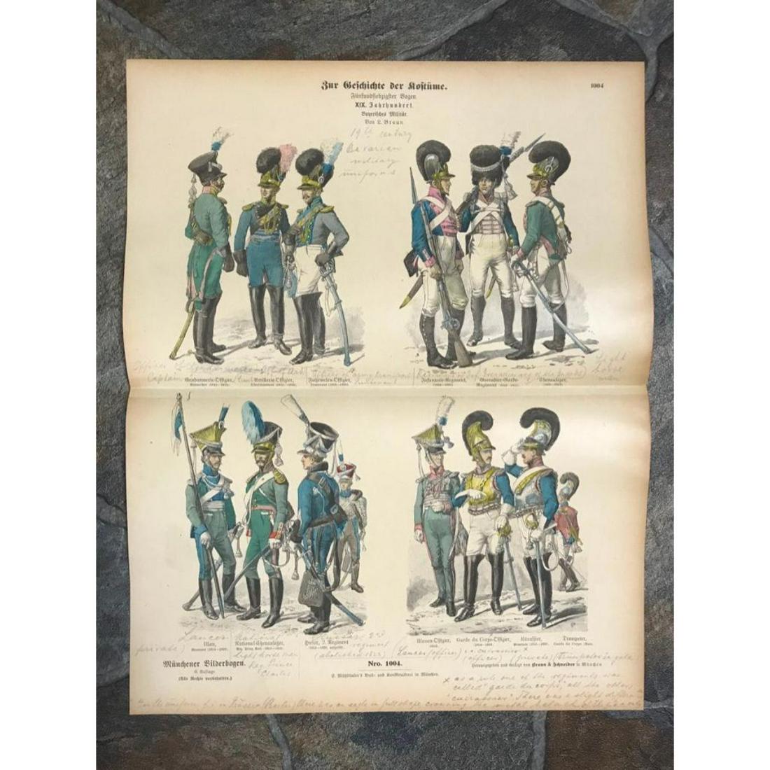 Rare 19thc Handcolored Costume Plates, Bavarian: Rare 19th Century German costume plates, double-page book hand-colored engravings from "Zur Geschichte Der Costume". Depicts 19th Century Bavarian military uniforms. 13 1/4" X 17". * handwriting in pe