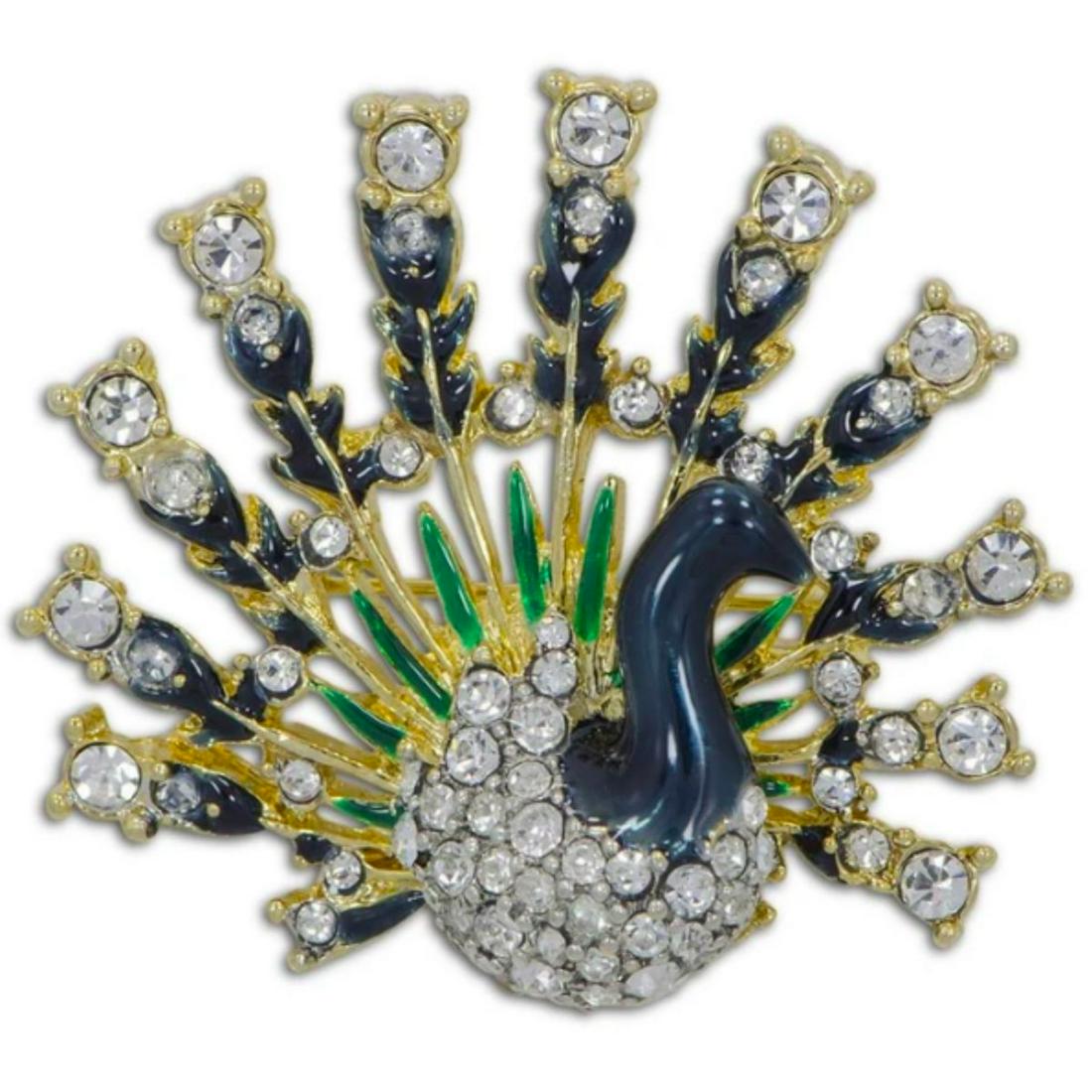 Enamel & Crystal Peacock Brooch Pin: Enamel & crystal peacock form brooch pin. Enamel & gilt over pewter with embedded Austrian crystals. 2" W.
