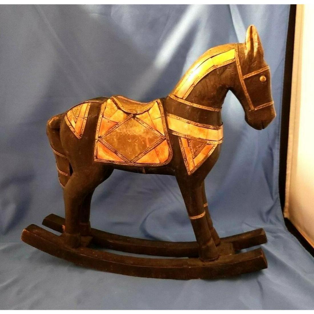 Vintage Decorative Wood & Brass Rocking Horse: Vintage wooden rocking horse, hammered brass armor, with stone & bone inlay. 12" H X 13" L X 3"W.