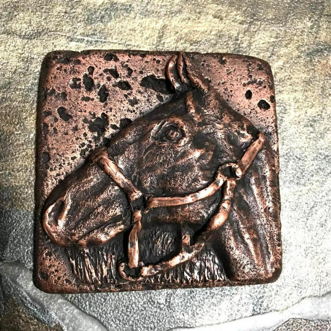 Handmade Artisan Copper Horse Decorative Tile: Handmade copper horse decorative tile, made with a cold metal process & has a resin back-filler. Created by artisans Lenna Kay & George Gountanis. 4" X 4".