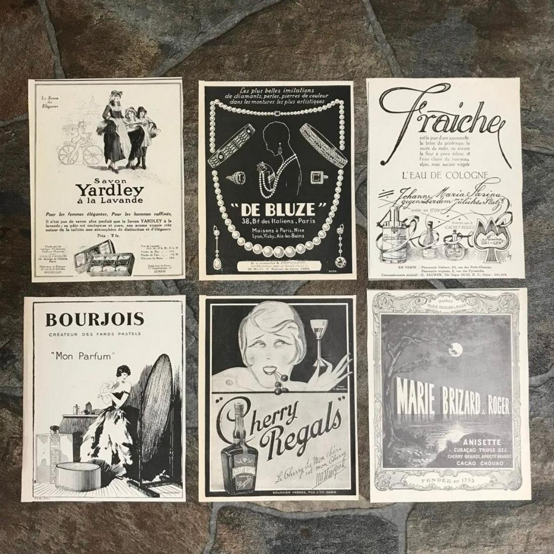 Group of French Art Deco Ads, Perfume, Liqour, Jewelry: Group of six vintage Art Deco era 1920's French magazine ads for perfume, liquors, jewelry & soap. Includes: Fraiche L'Eau de Colgone, De Bluze Paris jewelry, Marie Brizard & Roger Triple Sec brandy, 