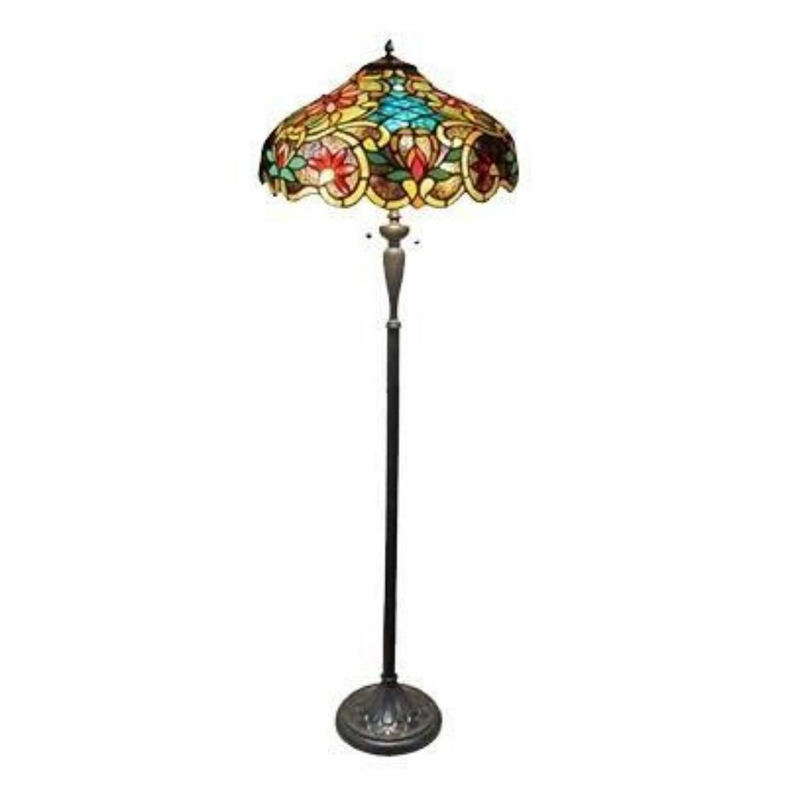 Tiffany-style Victorian Stained Glass Floor Lamp: Tiffany-style Victorian 2-light floor lamp, handcrafted using 530 pieces of stained art glass & 80 glass beads, wrapped in copper foil with an antique bronze patina. 64" H. 18" shade.