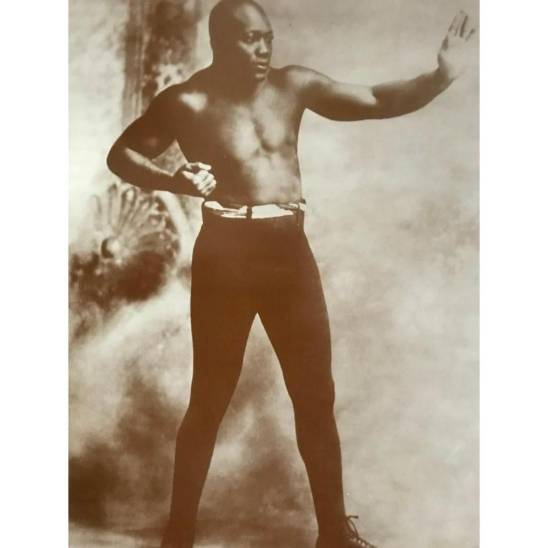 African American Sports History, Boxing, Jack Johnson: African American sports history subject, Jack Johnson In Classic Boxing Stance, sepia-tone photo print for gym or sports bar. Printed on heavy card stock in the early 1990's for The American Heritage