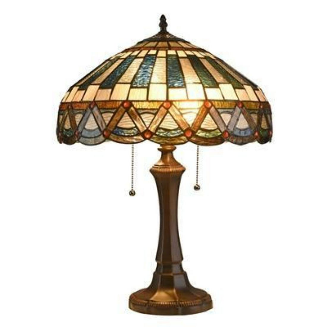 Mission Style Stained Art Glass Table Lamp: Mission-style 2-light stained glass table lamp, with over 285 pieces of stained art glass & 36 glass beads, wrapped in copper foil. 22" H X 16" W shade.