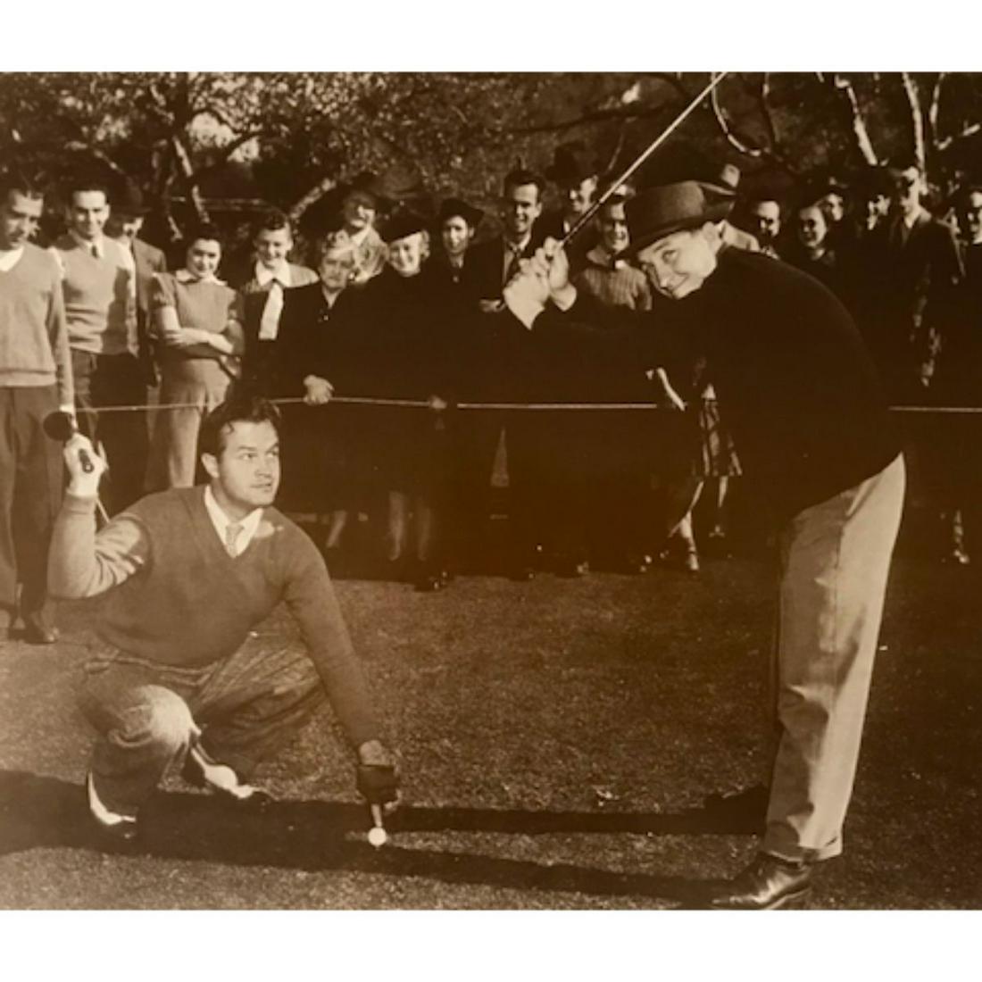 Bob Hope And Bing Crosby Playing Golf c.1940 Photo: Bob Hope & Bing Crosby comedians, celebrities playing golf c. 1940. Sepia-tone photo print on heavy card stock, created in the early 1990's for The American Heritage Gallery. 11" X 14" in original shr