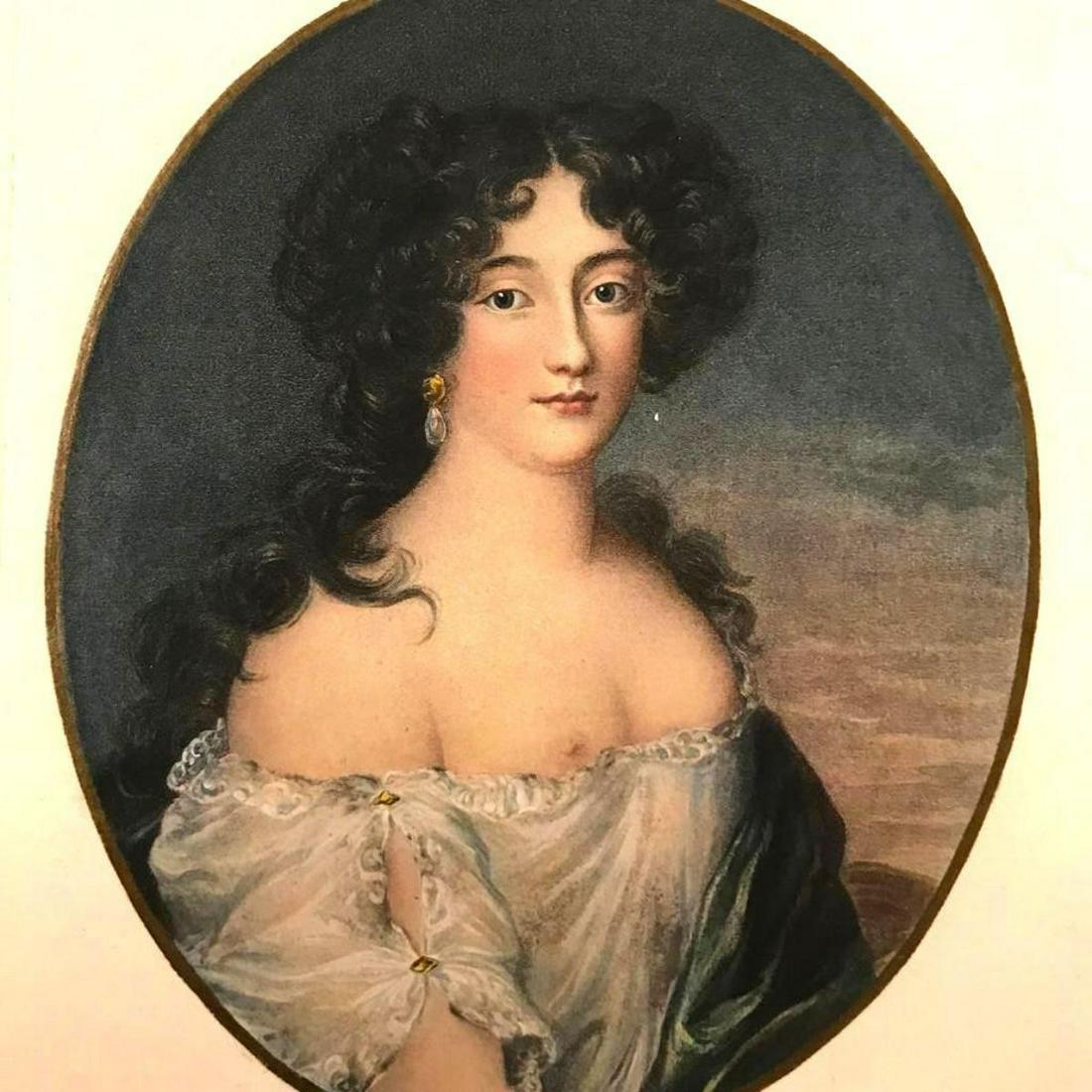 Early 1900's Hand-colored Intaglio Gravure: Early 20thc ( c. 1903 ) hand-colored intaglio gravure print of the Duchesse de Mazarin. After the painting by Jocob Ferdinand Voet. Presented in an ivory-colored folio, ready for framing, with a handw