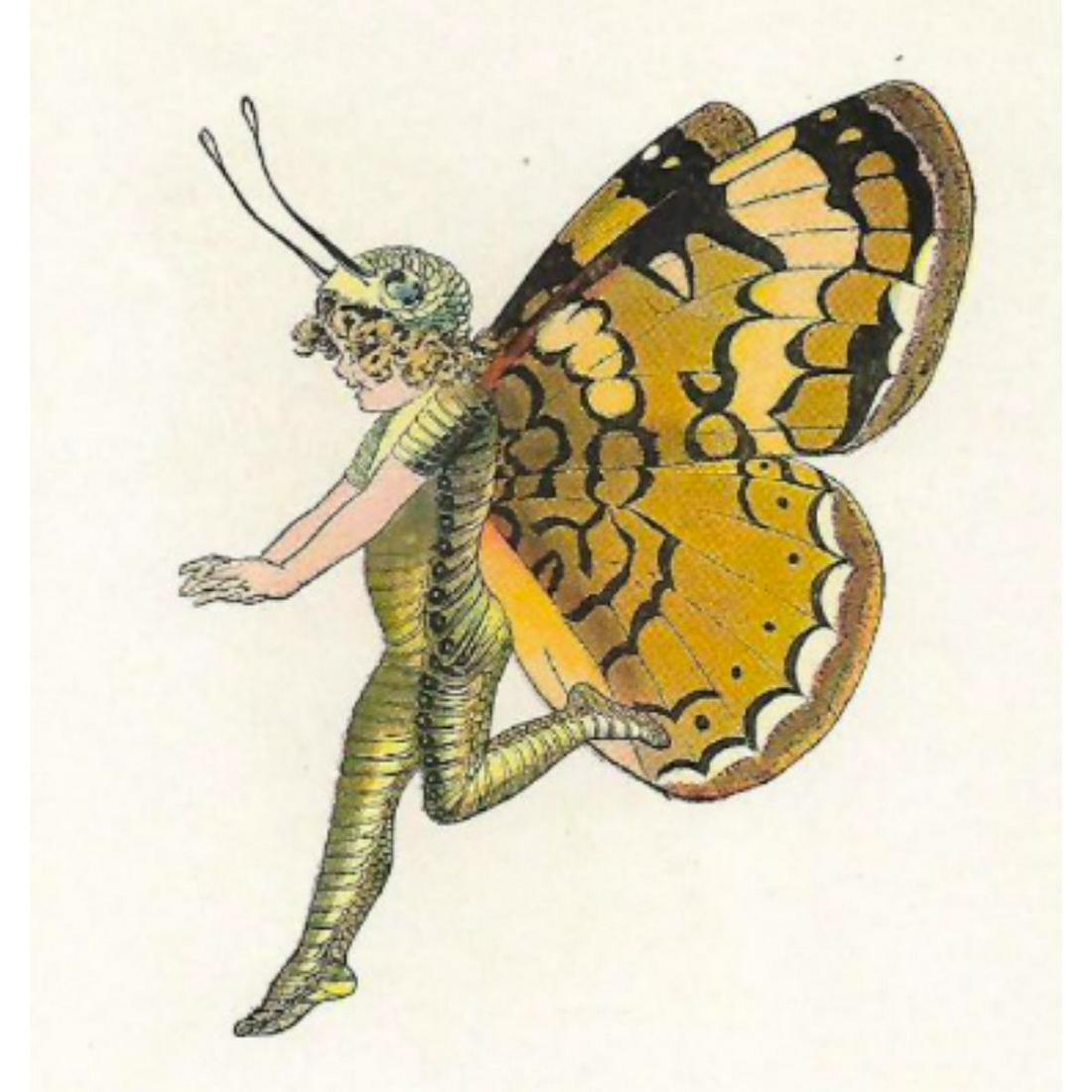 1914 Butterfly Babies Lithograph, Pearl Crescent: 1914 Butterfly Babies Lithograph, Pearl Crescent. From an edition of The Butterfly Babies by Elizabeth Gordon, illustrations by Penny Ross. 6" X 8.75".