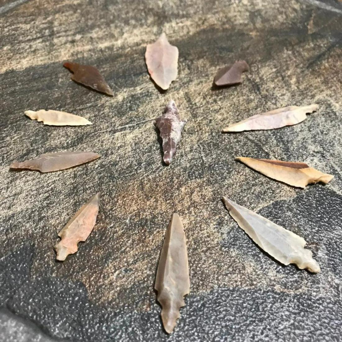 Group of Neolithic Sahara Desert Arrowheads, Points: Group of eleven Neolithic Sahara Desert projectile points, arrowheads, projectile points. Stone Age artifacts, surface gathered by indigenous nomadic tribes during their travels across the Sahara Dese