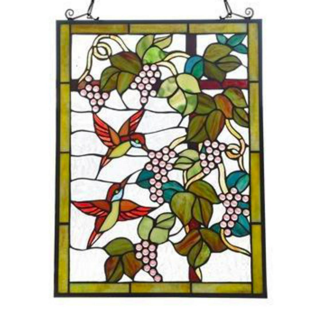 Hummingbirds & Grapevine Stained Glass Hanging Window: Hummingbirds amid grapevines stained art glass hanging window panel, created using over 200 pieces of stained art glass & 80 glass beads wrapped in copper foil. 24 1/2" H X 17 1/2" W.