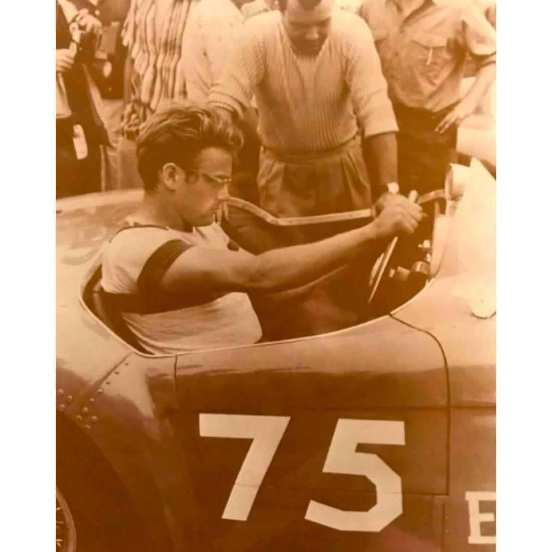 James Dean Race Car Sepia Tone Photo Print: James Dean, movie star, in race car, sepia-tone photo print. Created for The American Heritage Gallery in the early 1990's, printed on heavy card stock, in original shrink-wrapped packaging. 11" x 14"