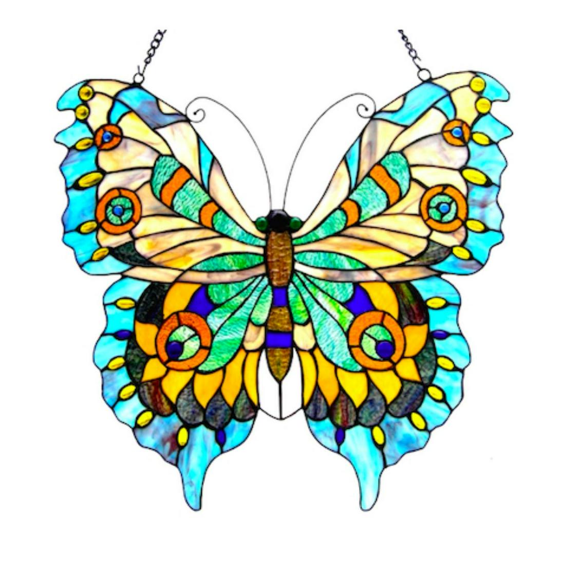 Stained Art Glass Butterfly Hanging Window Panel: Stained art glass butterfly hanging window panel, created using 221 pieces of stained art glass & 30 glass beads wrapped in copper foil. 20" X 21". Comes with hanging chain.