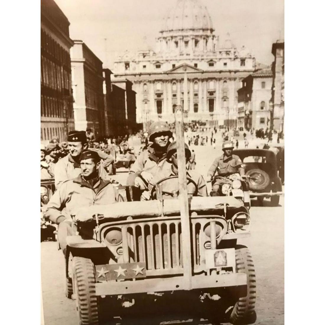 World War II Sepia Photo Print, General in Rome 1944: U.S. General Mark Clark at St Peter's Basilica, Rome Italy, June 1944, sepia-tone photo print. Created in the early 1990's for The American Heritage Galleries. Printed on heavy cardstock. In original 