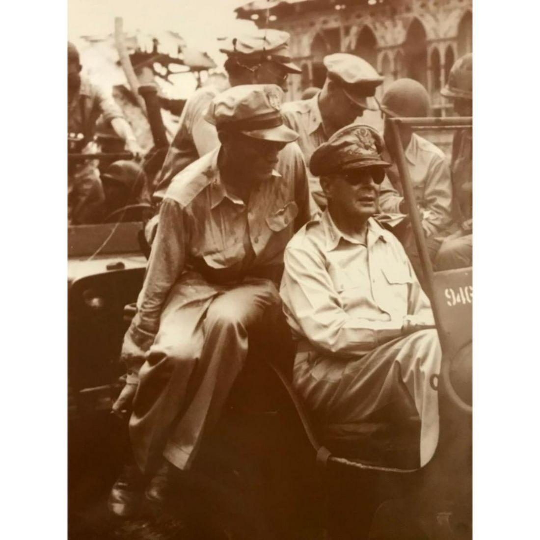 General Douglas McArthur & Aide 1944 Sepia Photo Print: General Douglas McArthur & aide Col. Lloyd Lehrbas c. 1944, sepia-tone photo print. Created in the early 1990's for The American Heritage Galleries, on heavy cardstock. 11" X 14" in original packaging