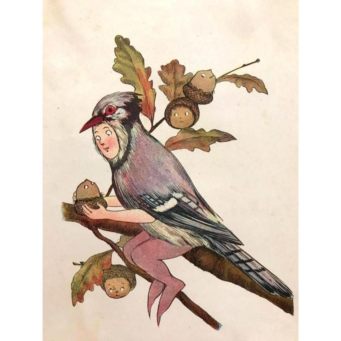 1914 Children's Book Illustration, The Blue Jay: Children's book page illustration, The Blue Jay, from a 1914 edition of Little People Of The Garden by David Cory. 4 1/2" X 6".