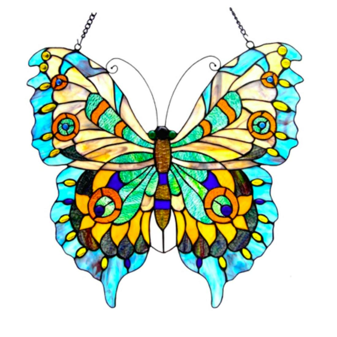 Butterfly Stained Art Glass Hanging Window Panel: Stained art glass butterfly hanging window panel, created using 221 pieces of stained art glass and 35 glass beads, wrapped in copper foil. 21" H X 20" W. Comes with 27" hanging chain.