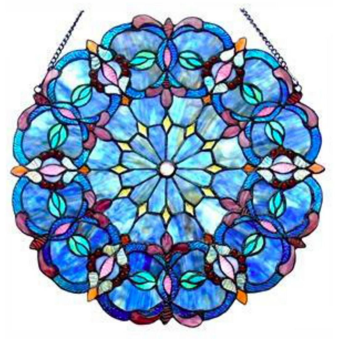 Blue Kaleidoscope Stained Art Glass Hanging Panel: Blue Kaleidoscope stained art glass hanging window panel, created using 350 pieces of stained art glass & 50 glass beads, wrapped in copper foil. 20" diameter. Comes with hanging chain.