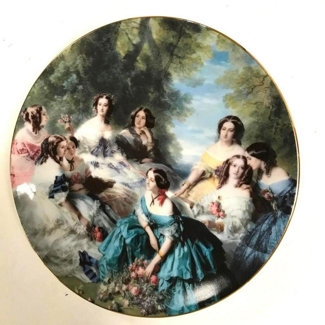Limoges Porcelain Display Portrait Plate, 19thc Ladies: Limoges porcelain dessert or display, portrait plate with gilt edging. Scene of elegant 19th Century ladies posed within a landscape. Stamped on reverse "Porcelaine LG Limoges - Dec a la main". 7" D.