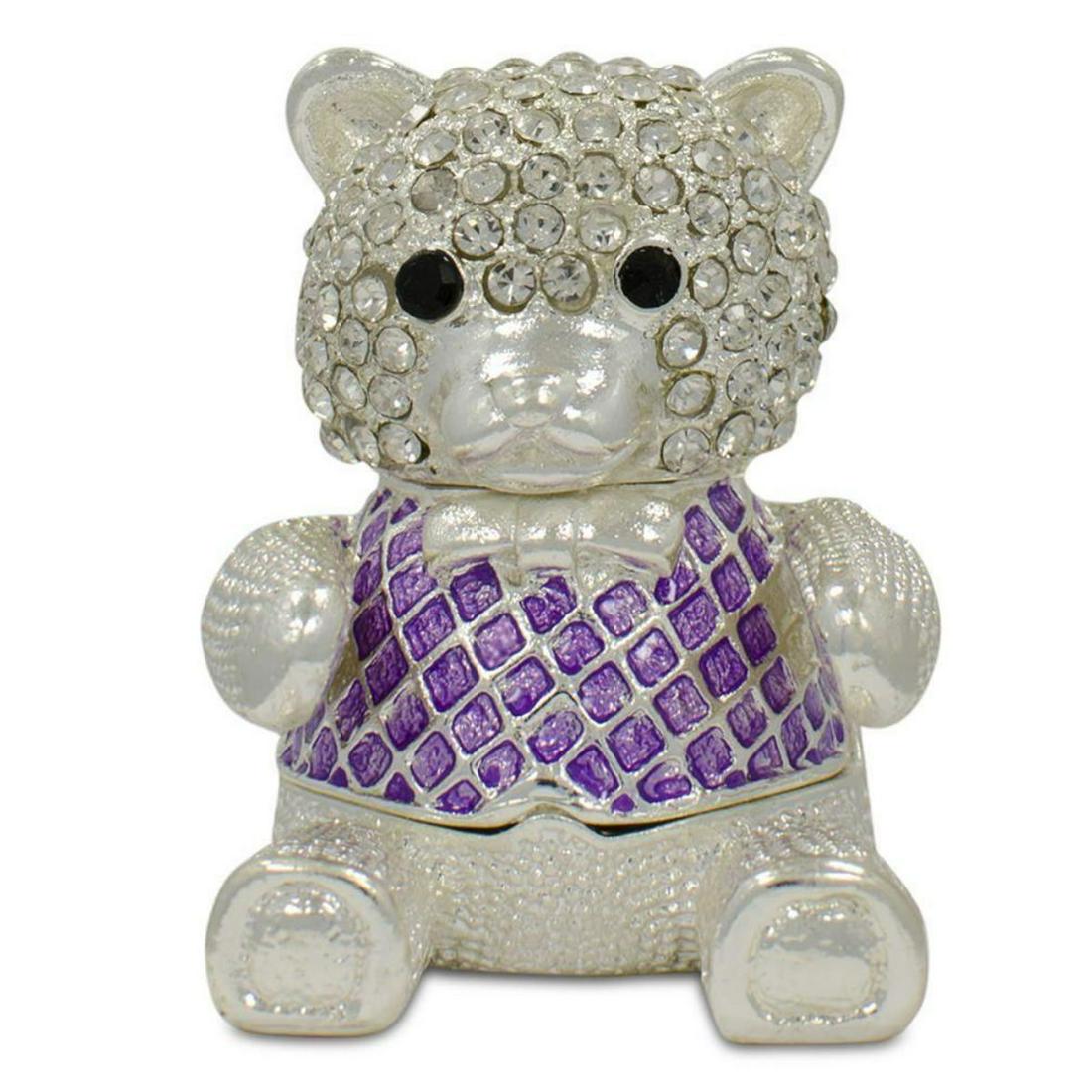 Teddy Bear Trinket Jewel Box: Teddy Bear trinket, jewel box. Enamel & crystal over pewter, with embedded Austrian crystals. The top of the bear lifts up to reveal an enameled interior for storing trinkets & jewels. 2" H. Comes wit