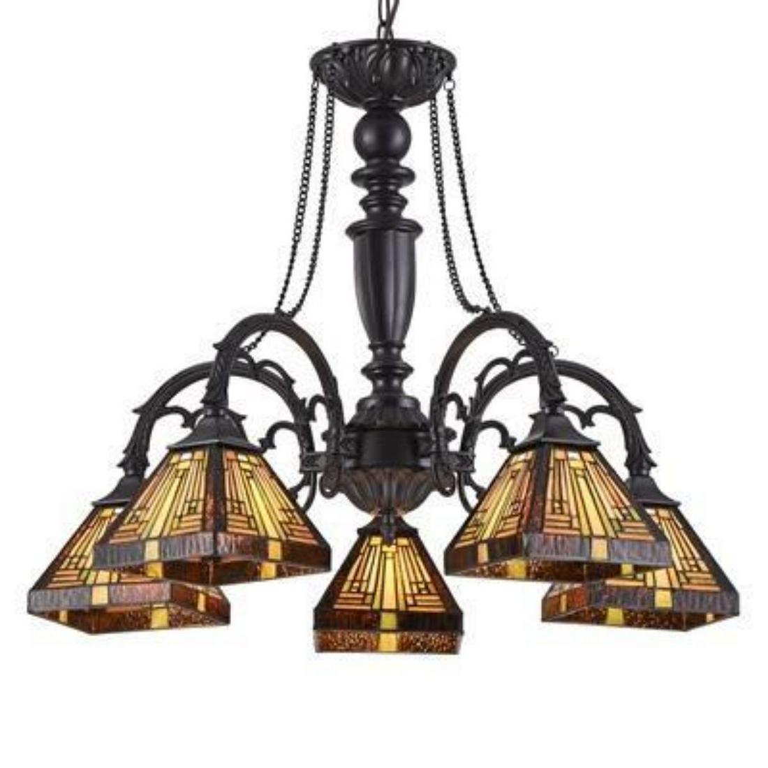 Tiffany Mission Style Large Stained Glass Chandelier: Tiffany Mission-style large, 5-light stained glass chandelier, handcrafted from 840 pieces of stained art glass, wrapped in copper foil with dark antique bronze finish. 27" L X 27" W X 24" H.