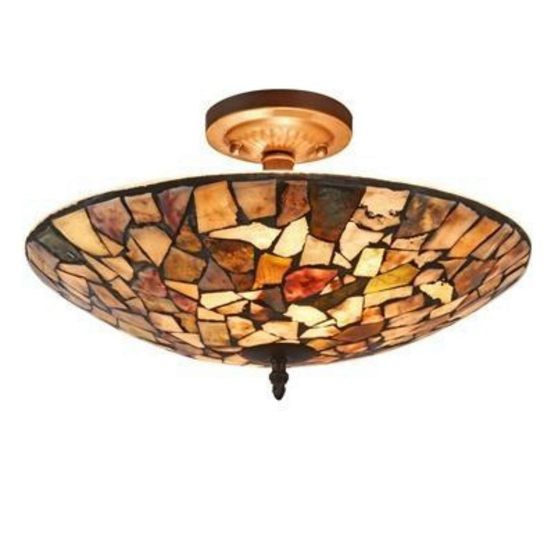 Transitional Mosaic Stone Semi-flush Ceiling Fixture: Transitional mosaic stone semi-flush ceiling fixture light, handcrafted from over 160 pieces of stone in green & orange colors. Overall Width - 16". Overall Height 10". Weight 5.7lbs.