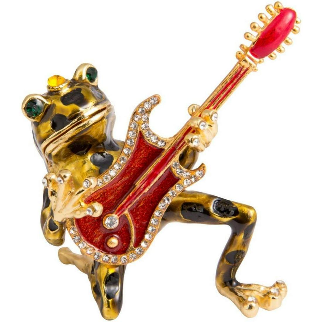 Frog Playing Guitar Trinket Jewel Box: Frog Playing Guitar trinket jewel box. Enamel & gilt over pewter with embedded Austrian crystals. The top of the frog lifts up, on a hinge, with snap closure, to reveal an enameled interior for storin