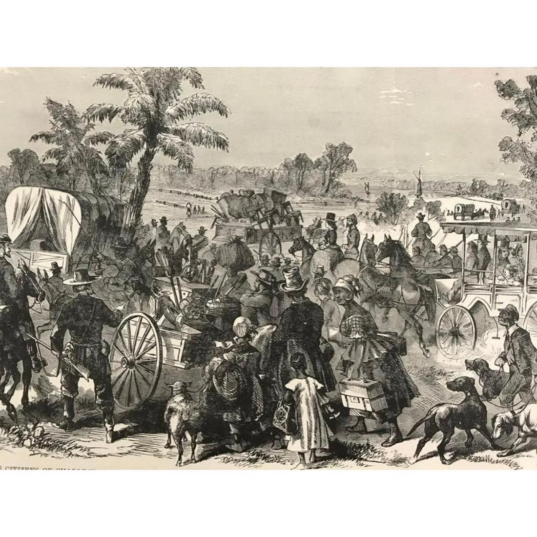 African American History, 19thc Engraving, Civil War: 19th Century engraving from an edition of The Civil War In The United States, "The Citizens of Charleston, SC Deserting Their Holes on the Threatened Bombardment of The City by the Federal Forces." De