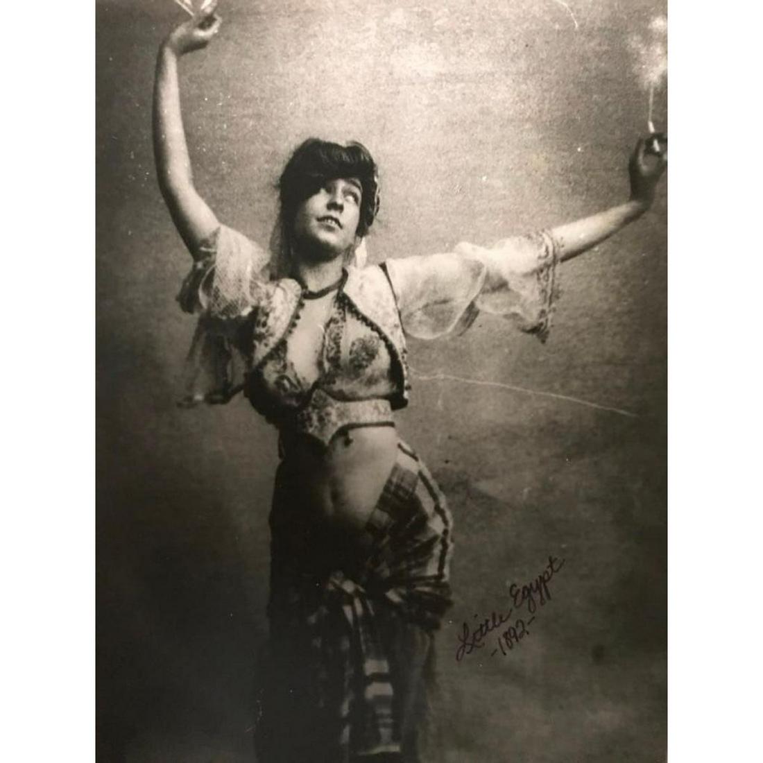 Syrian Belly Dancer, Little Egypt, 19thc Performer: 19th Century belly dancer, performer "Little Egypt" black & white photo print. 8" X 10" on photo paper. Created in the late 1980's - early 1900's. Handwriting on the front to identify - "Little Egypt 