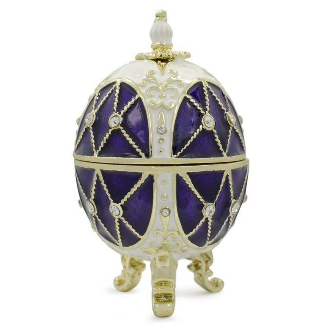 Russian Royal Inspired Purple Trinket Jewel Box Egg: Russian Royal tri-footed purple trellis trinket, jewel box egg. Hand-painted enamel & gilt over pewter with inset Austrian crystals. The top of the egg lifts up on a hinge, with magnetic closure, to r