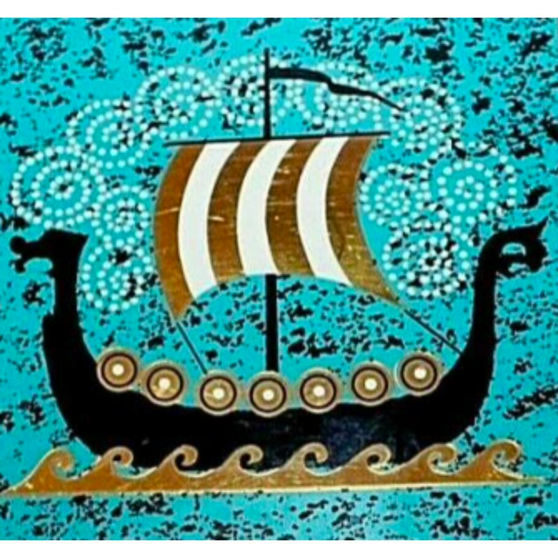 Mid Century Modern Viking Ship Framed Ceramic Tile: Mid Century Modern ceramic tile depicting a Viking ship displayed in teak wood frame. 10" X 10".