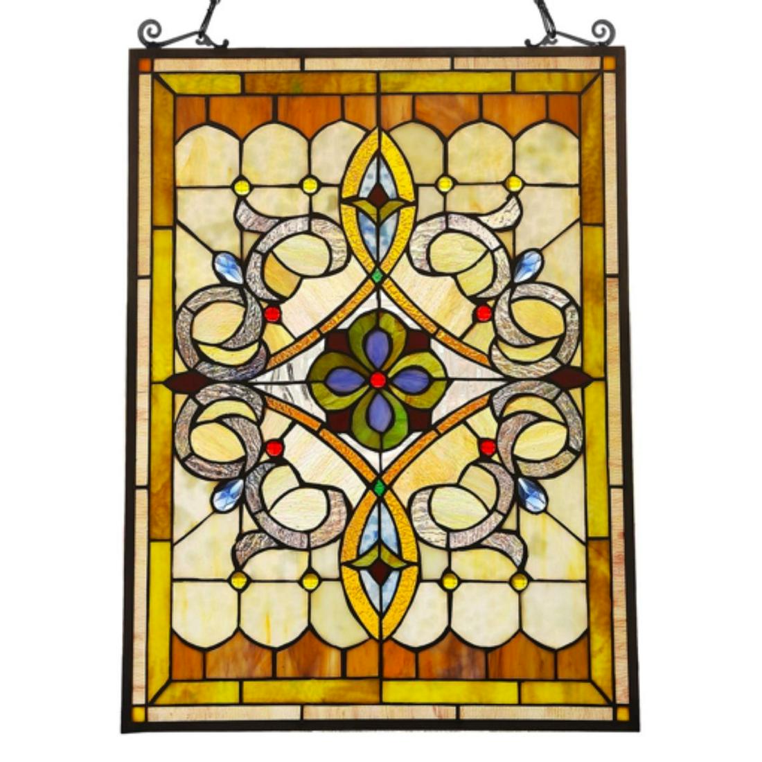 Renaissane Pattern Stained Art Glass Hanging Window: Renaissance pattern art glass hanging window panel, created using over 200 pieces of stained art glass & glass beads, wrapped in copper foil. 18" X 25" with hanging chain.