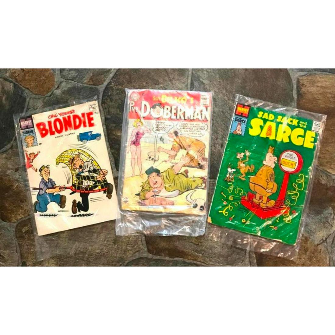 1950's Harvey & DC Comic Books, Blondie, Sad Sack & The: Set of 3 1950's era Harvey comic books, including; Chic Young's Blondie by Harvey Comics ( small separation of cover at top left ), Sad Sack and the Sarge by Harvey Comics ( wear to front cover top ri