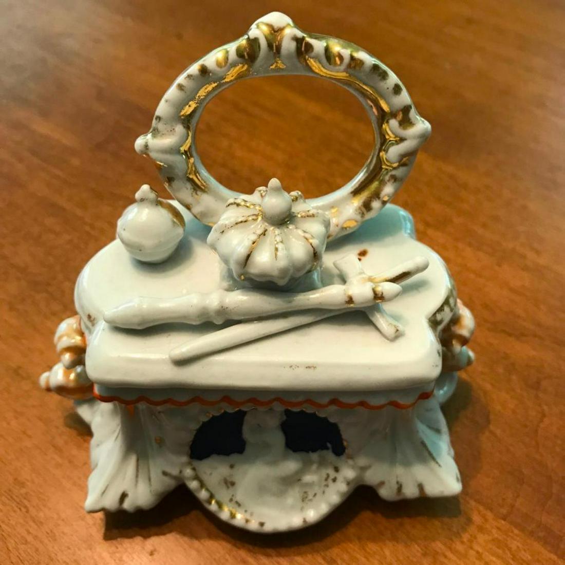 Late 19thc German Victorian Crown Scepter Fairing,: Late 19th Century German Conta & Boehme porcelain fairing box in the form of a dresser with crown & scepter. In good condition, still retaining rich colors & most of the original gilt. Numbered 160 on