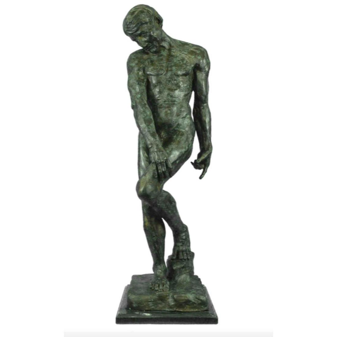 After Rodin, Large Bronze Statue, Adam: After Auguste Rodin, large size statue of Adam. Lost wax casting method bronze with aged green patina, mounted on a marble base. 36" H X 12" W. 46 lbs.