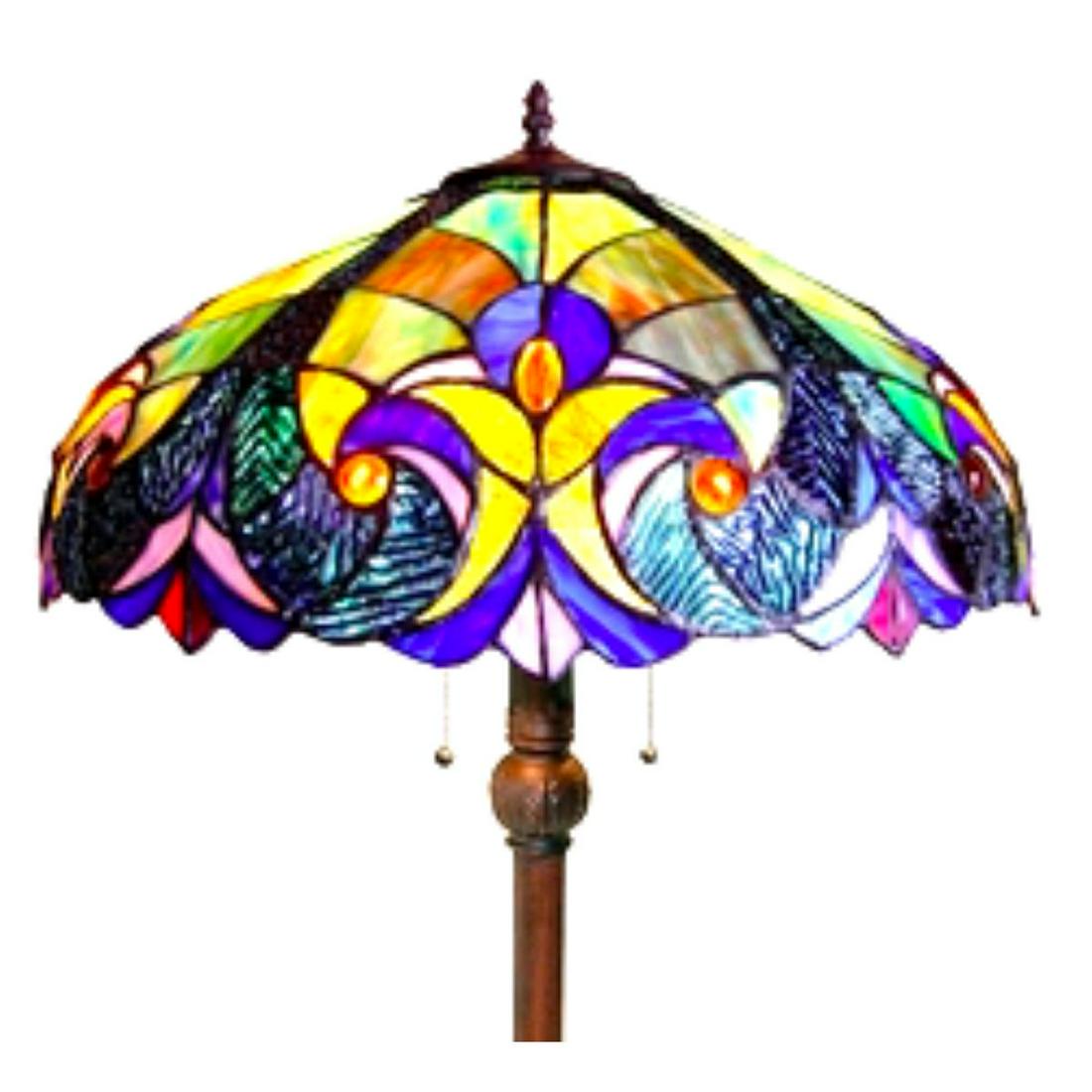 Tiffany-style Mission Art Glass Wooden Table Lamp: Victorian-style stained art glass standing 2-light floor lamp, handcrafted using 306 pieces of stained art glass & 18 glass beads, wrapped in copper foil with a dark antique bronze finish. 62" H. 18" 
