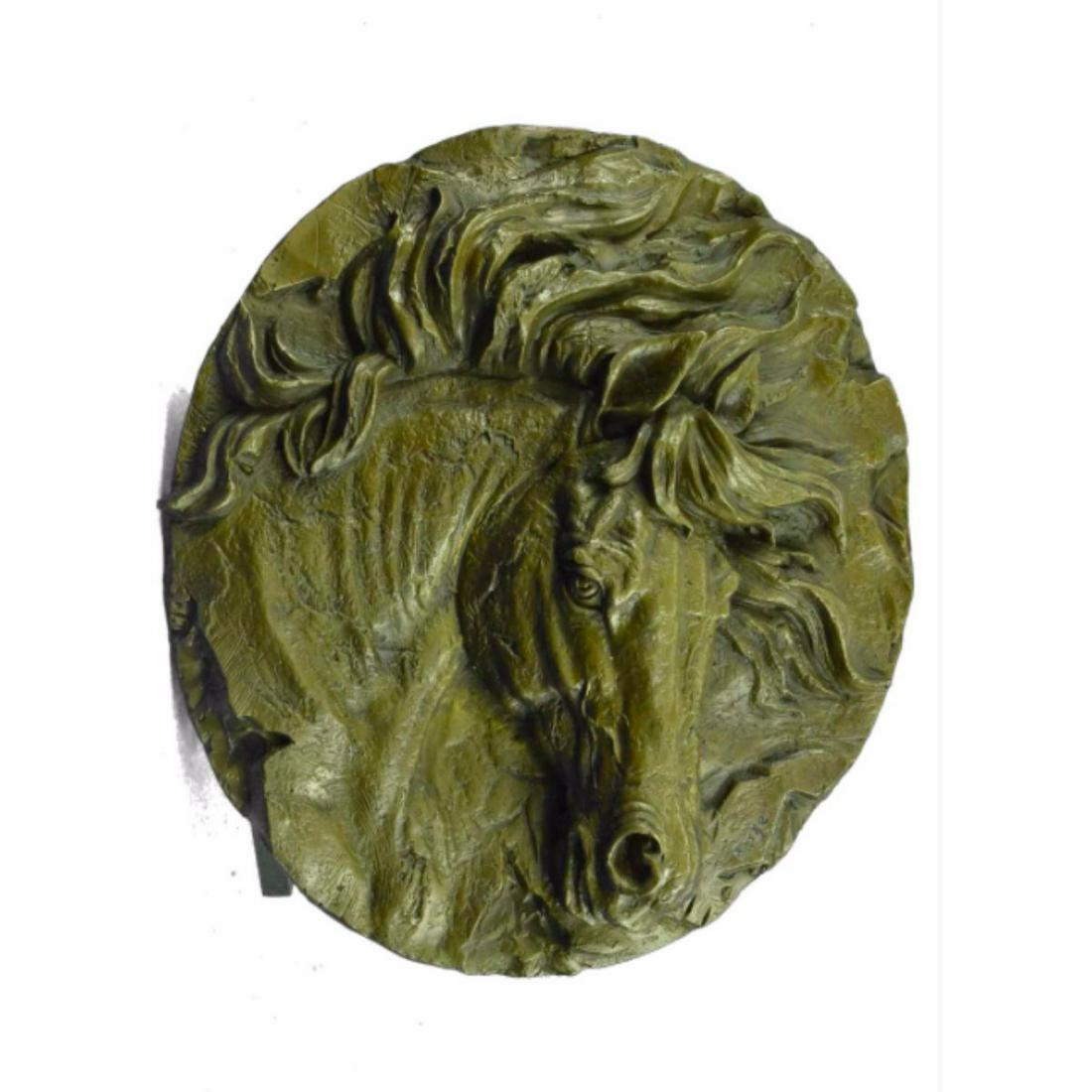 Signed Equestrian Horse Bronze Bust Wall Plaque: Equestrian horse bust, hanging wall plaque. Lost wax casting method bronze, with brown patina. Hanging hook on the reverse side. Signed Barye. 16" D. 14lbs.