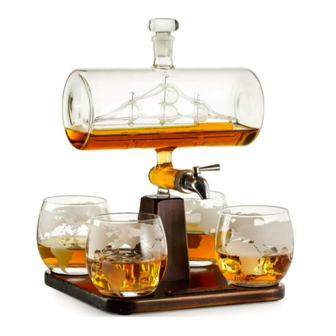 Unique Glass Ship In Bottle Decanter Set: Unique novelty whiskey or wine dispenser, with antique-style mouth-blown glass ship in a bottle, cylinder-shaped decanter with stainless steel spigot. Together with 4 globe design bar glasses. 1000ml