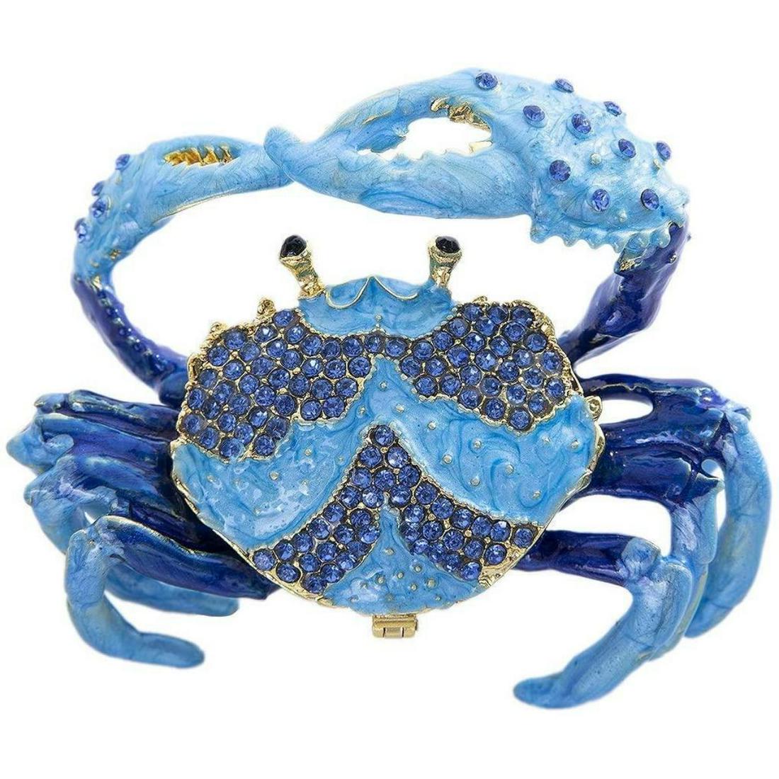 Little Blue Crab Trinket Jewel Box: Little Blue Crab trinket jewel box. Enamel & gilt over pewter, with embedded Austrian crystals. The head of the little crab lifts up, on a hinge, with snap closure, to reveal an enameled interior for