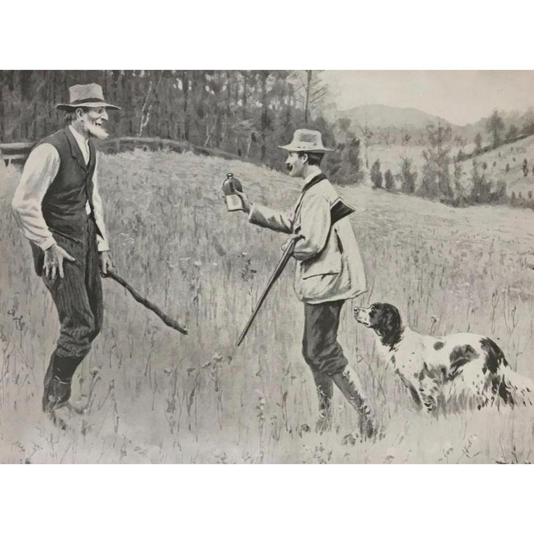 Pair of Early 1900's Half Tone Prints, A. B. Frost,: Pair of c.1904 half-tone prints by A. B. Frost, "Going 'Round The Old Man" hunting scene - 10" X 15" & "The Conciliator", two hunters in a field, one offering the other a drink from his flask. 10" X 1