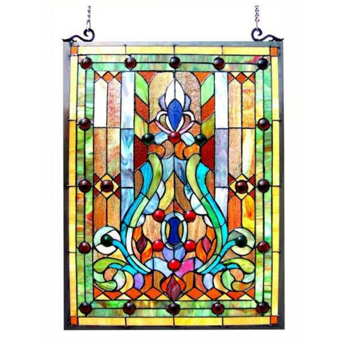 Art Nouveau Style Stained Art Glass Hanging Panel: Art Nouveau-style, tulip floral stained glass hanging window panel, created using over 300 pieces of stained art glass & glass beads, wrapped in copper foil with a textured black finish. 24" H X 18" W