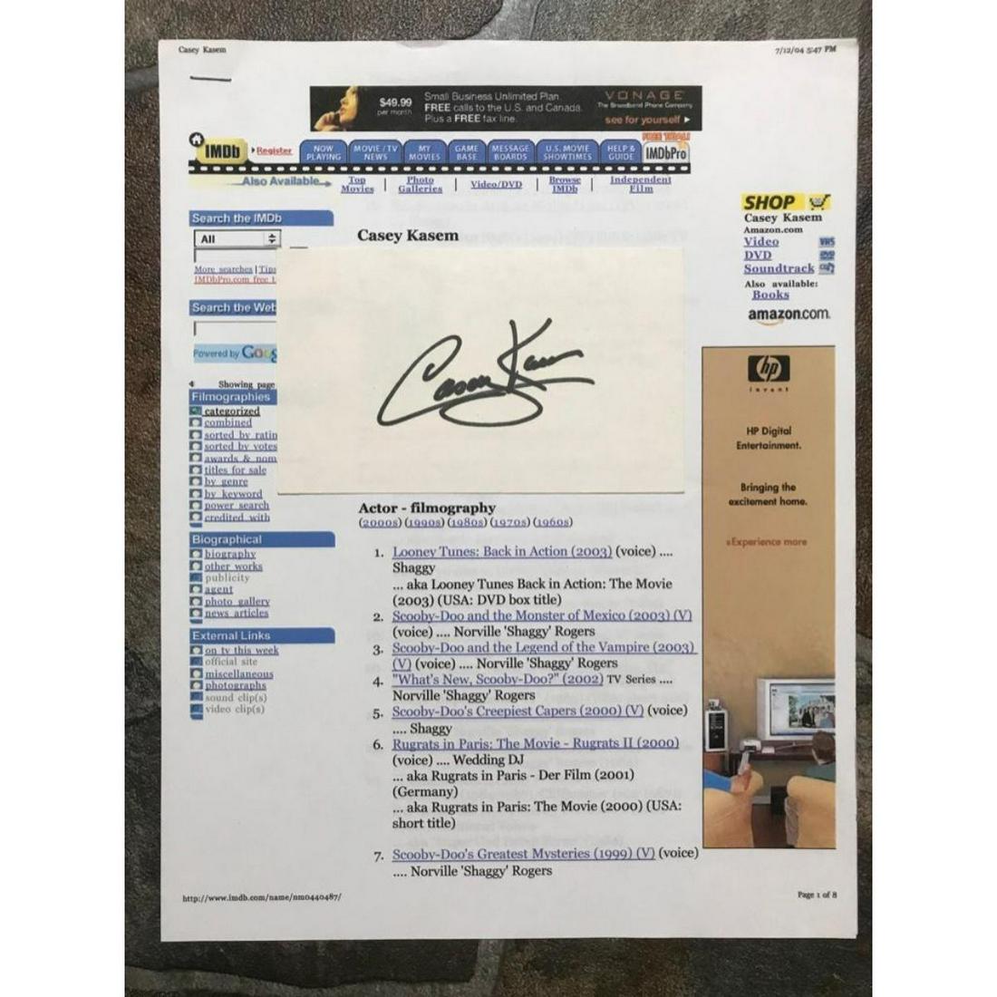 Casey Kasem, Radio Television Host Autograph Card: Casey Kasem autograph, signature card. 3" X 5". Comes with information sheets dated 2004. Kemal Amin "Casey" Kasem ( 1933 - 2012 ) was an American disc jockey, music historian, radio personality, acto