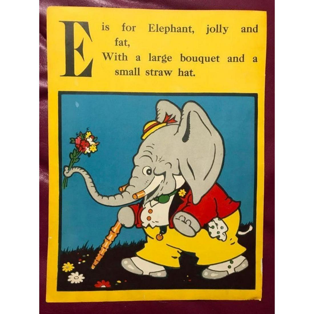 Early 20thc Children's ABC Book Lithograph, Elephant: Early 1900's, 1920's / 1930's original book page, print, colorful children's room, nursery, school, lithograph - "E is for Elephant". On the reverse side - "D is for Dogfish". 8 3/4" X 11 1/2". Ready 