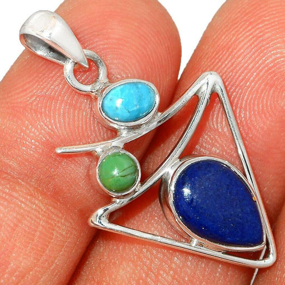 Mid Century Style Lapis Turquoise Sterling Silver: Mid Century Modern-style stamped 925 sterling silver pendant, set with a teardrop shaped Afghanistan Lapis Lazuli polished cabochon (11x6mm) a round, Green Mohave Turquoise cabochon (4mm) & an oval Bl
